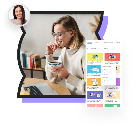 Outlined hourglass shape with a young blond woman looking at her computer. With a fly-out panel pop up ui element hovering over the image.