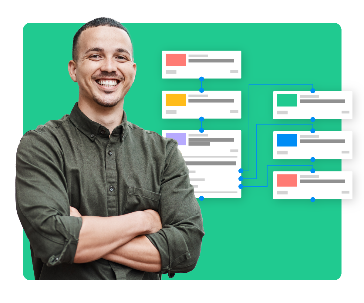 A smiling Customer Training professional standing near a training pack workflow ending with a survey that branches to three different assets.