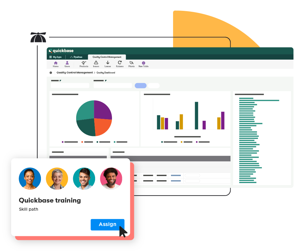 Quickbase platform reporting page with a BrainStorm platform training assignment section displayed below.
