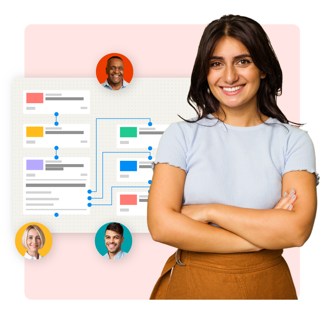 A smiling professional standing near a trigger and branch learning flow with content assigned to team members.