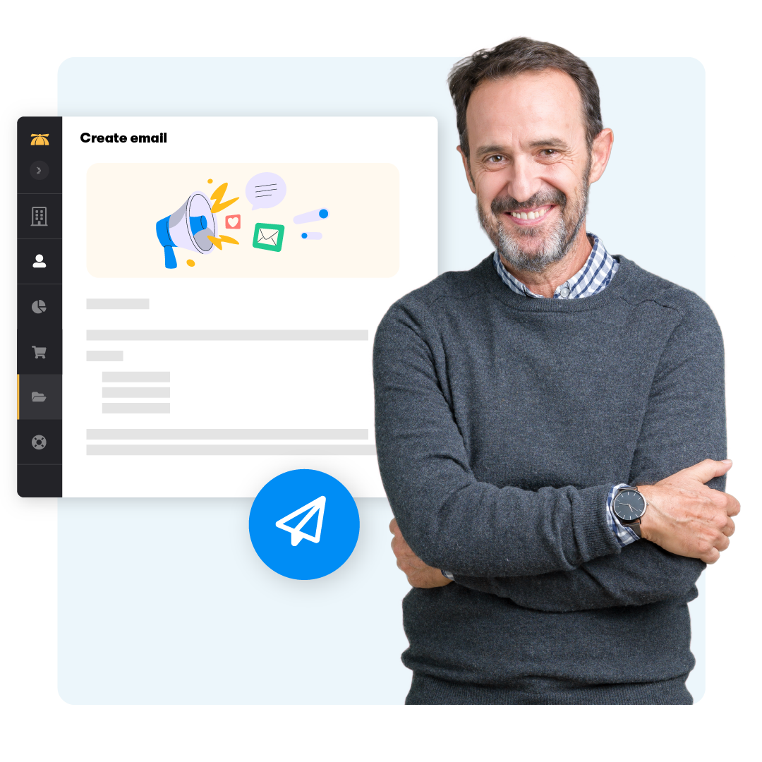 Smiling IT professionals standing near a web application displaying the BrainStorm platform's custom email communication tab. It features a megaphone icon, mail icon, and heart reaction icon.