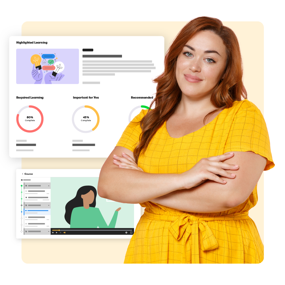An IT professional standing near two web applications. The first application displays a course thumbnail and three radial percentage graphs representing course progress and priority, colored red (not started), yellow (in progress), and green (completed). The second application shows a video in a partially completed course module, with the video thumbnail featuring an IT professional standing near a bar graph with five variables.