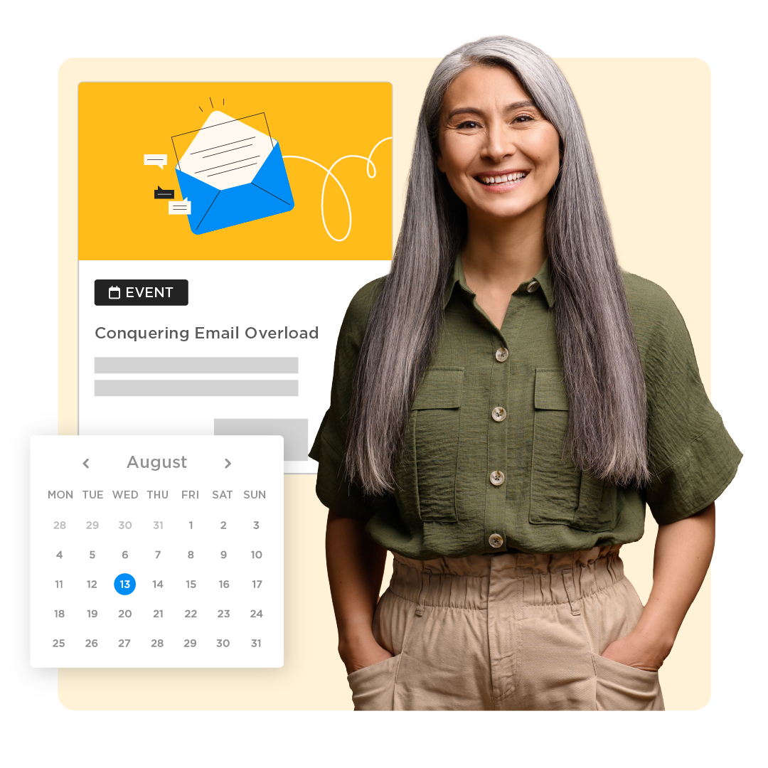 Smiling Customer Education professional standing near an event thumbnail with an open mail icon. Below the thumbnail is a calendar view of August.