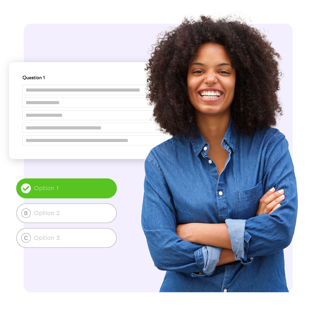 A smiling professional standing near an active three-option user survey.