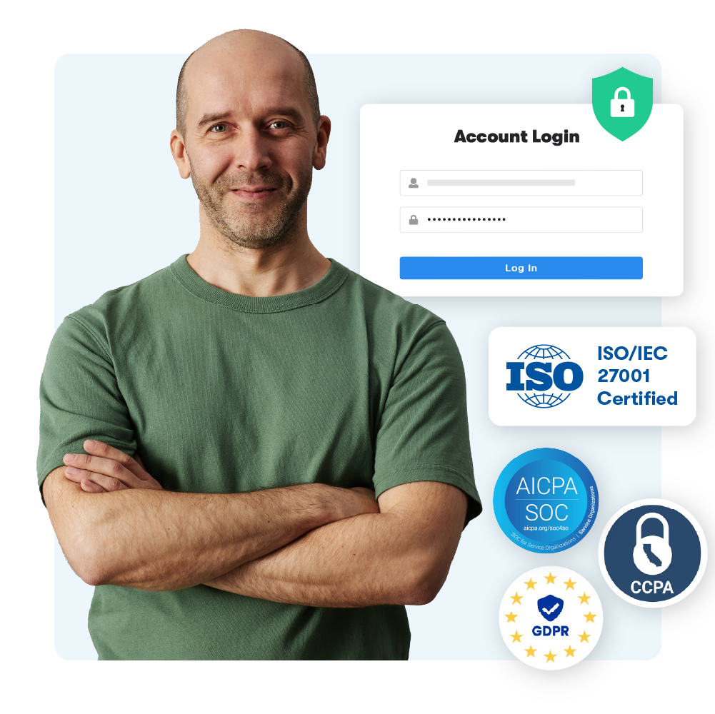 Smiling working professional standing near an image of a secure log in and logos of security compliance standards.