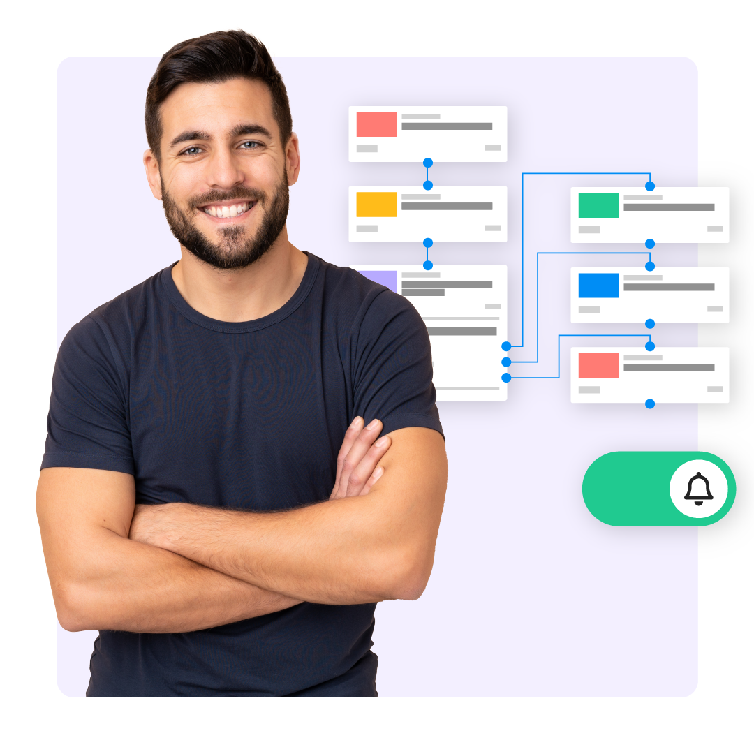 Smiling IT professional standing near an image of a module’s workflow. Three sequential assets within the module branch into three different paths, with a notification enabled icon.