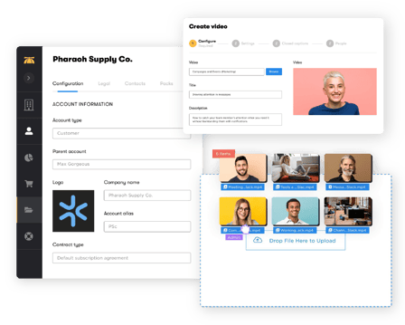 Web application displaying the BrainStorm platform admin settings. Adding account information, uploading video content, and using drag-and-drop for file uploads.