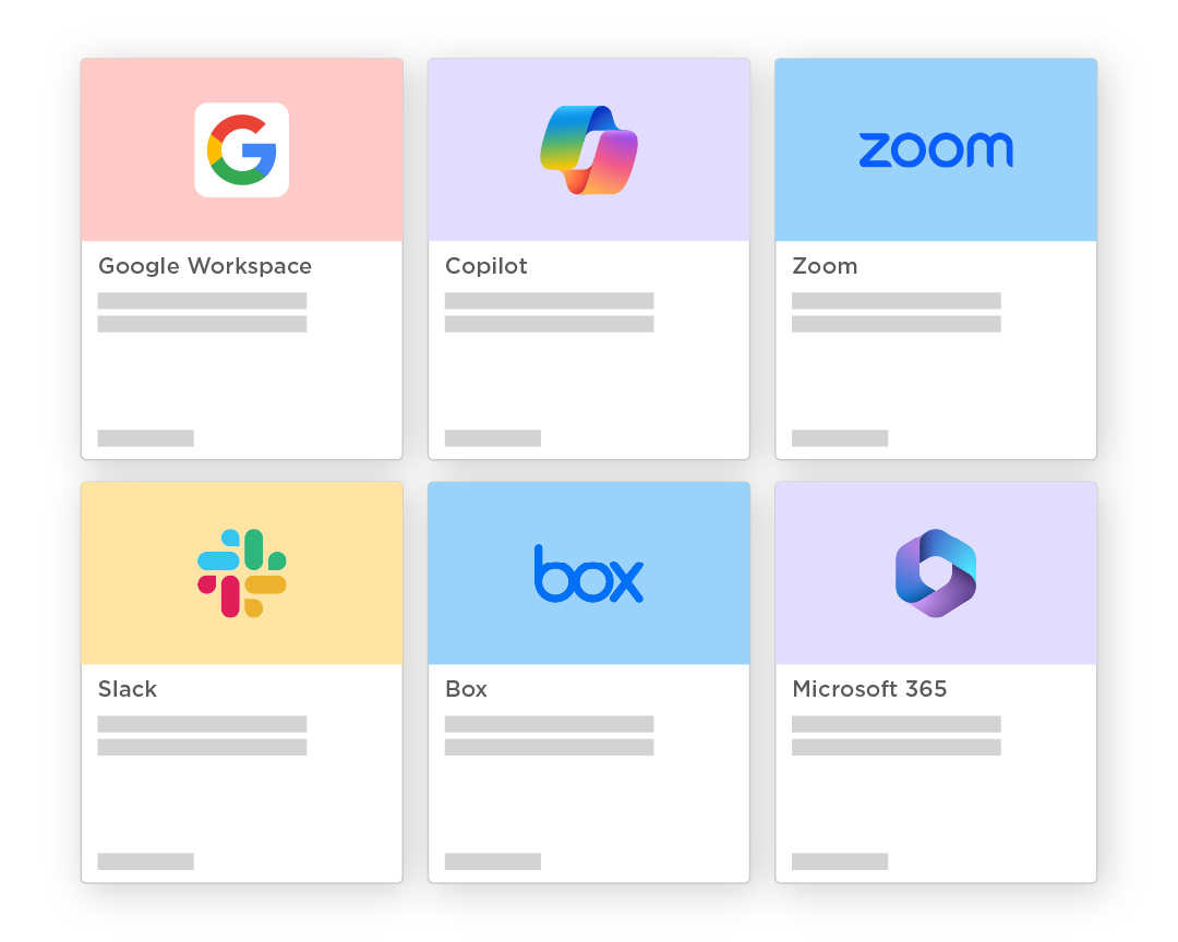 BrainStorm platform packages including logos for Google Workspace, Copilot, Zoom, Slack, Box, and Microsoft 365.