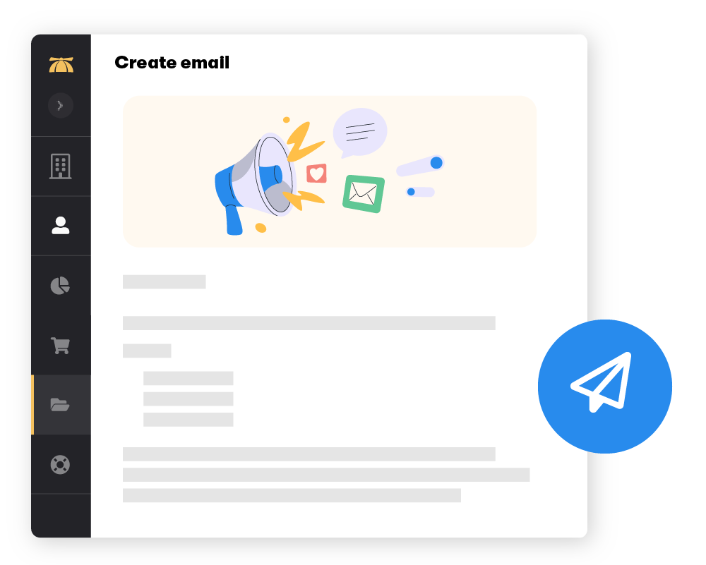 Communications tab from BrainStorm platform showing a megaphone with a mail and like emoji. 
