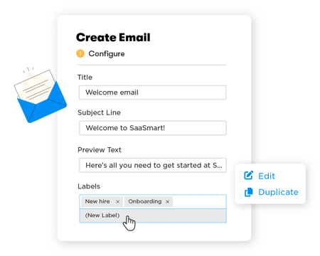 Email creation preview page on the BrainStorm platform. Cursor customizing and adding labels, with options to edit or duplicate. An open mail icon is visible to the side.