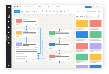 Web application displaying the BrainStorm platform's course customization workflows page, with a video content asset search menu on the left.