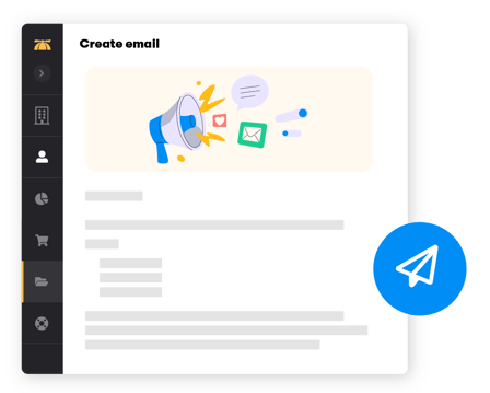 A web application displaying the BrainStorm platform communication page, featuring icons of a megaphone, a mail envelope, and a heart. A send button with an airplane icon is positioned on the side.