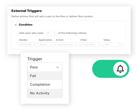 Settings menu displaying external triggers and conditions, with the notification toggle enabled.