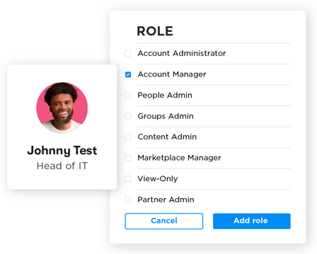 Head of IT's admin profile page displaying the option to assign different roles to users for relevant training content.