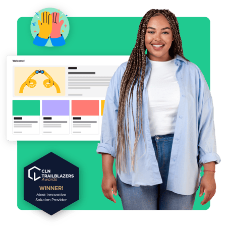 Director of Customer Enablement near a high-five icon, a webpage displaying BrainStorm course module selection, and the CLN Trailblazers winner award logo.