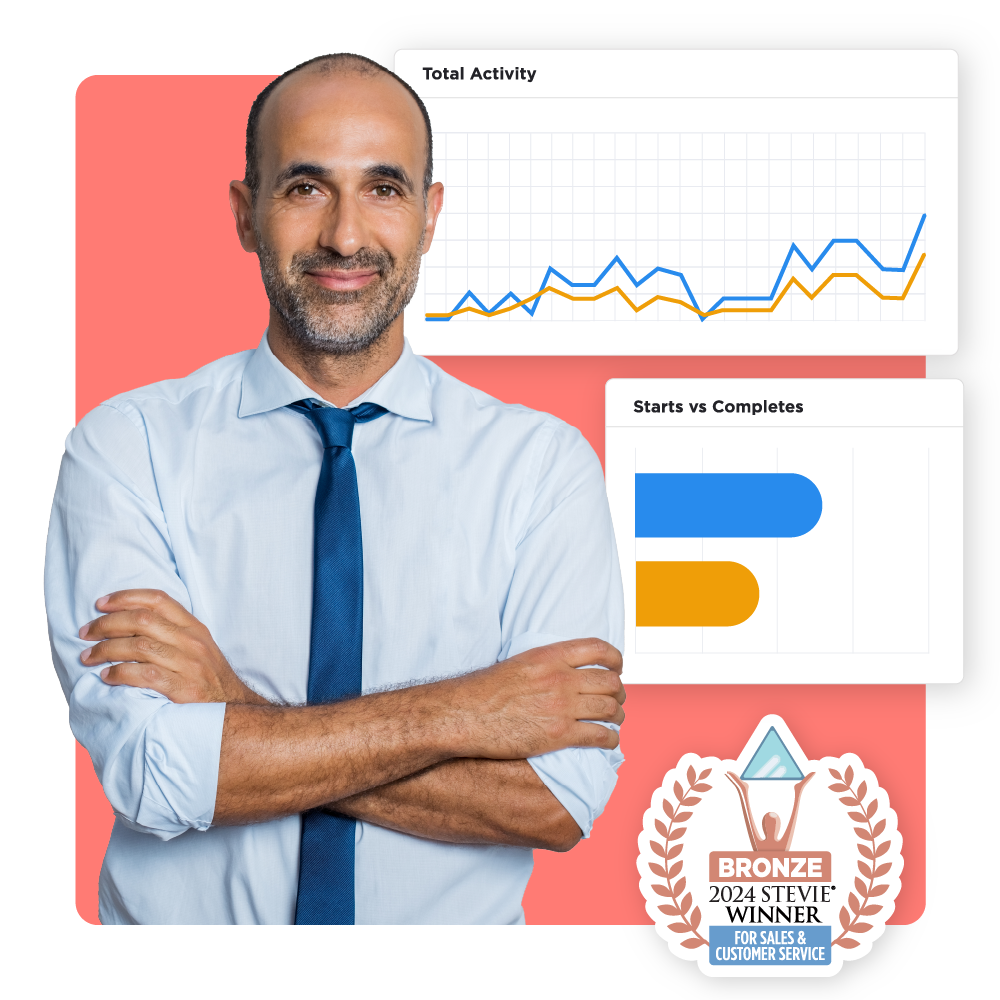 A smiling Director of Customer Education standing near a line graph and a horizontal bar graph showing increasing software user activity. A 2024 Stevie Winner for Sales and Customer Success icon is to the side.