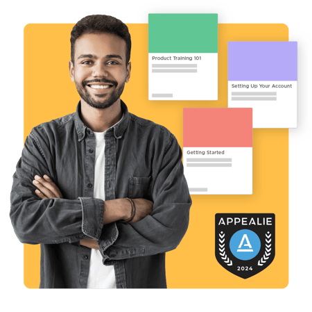 Smiling Product Support standing near three product training assets, with an Appealie 2024 award logo in the bottom corner.