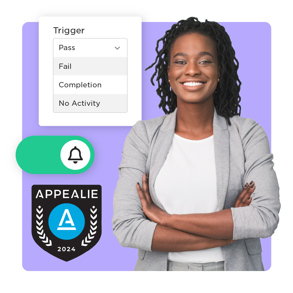 Smiling IT Program Manager standing near best practice habit-building features, including a notification-enabled icon, a dropdown arrow for trigger settings, and the 2024 Appealie award logo.