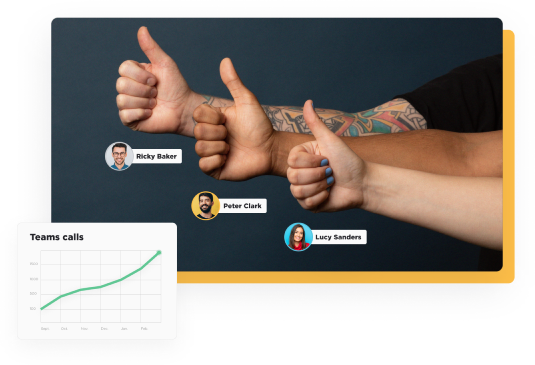 3 different people, standing single file toward the camera, their right arms extended out with the person in the back extended furthest to the left and the middle person slightly the right of that and the person in the front slightly the the right of the middle. All hands can be seen and all giving a thumbs up. With user interface profile pictures and names by each hand.