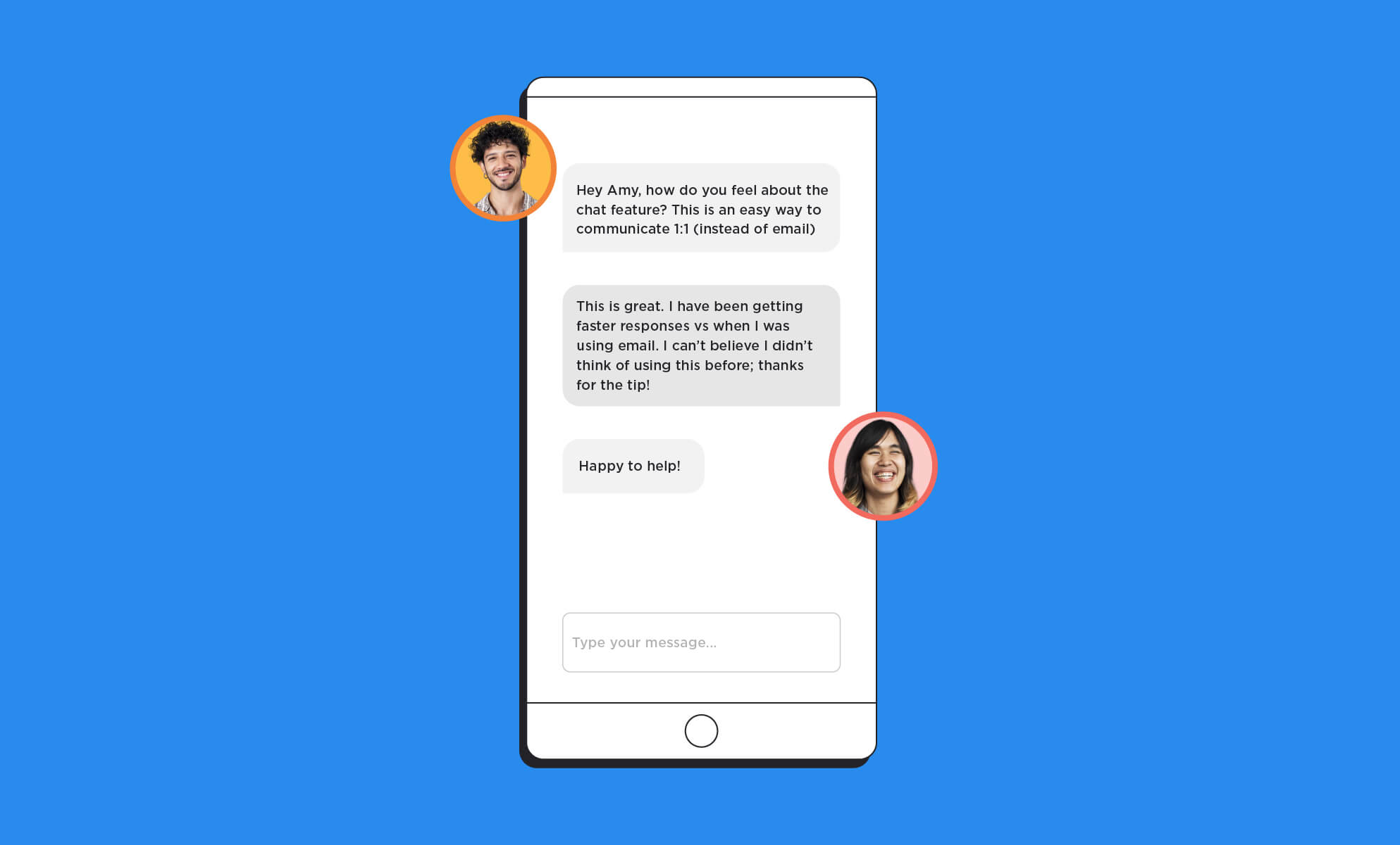 UI image of a Zoom chat on a mobile phone, with thumbnail images of two people chatting