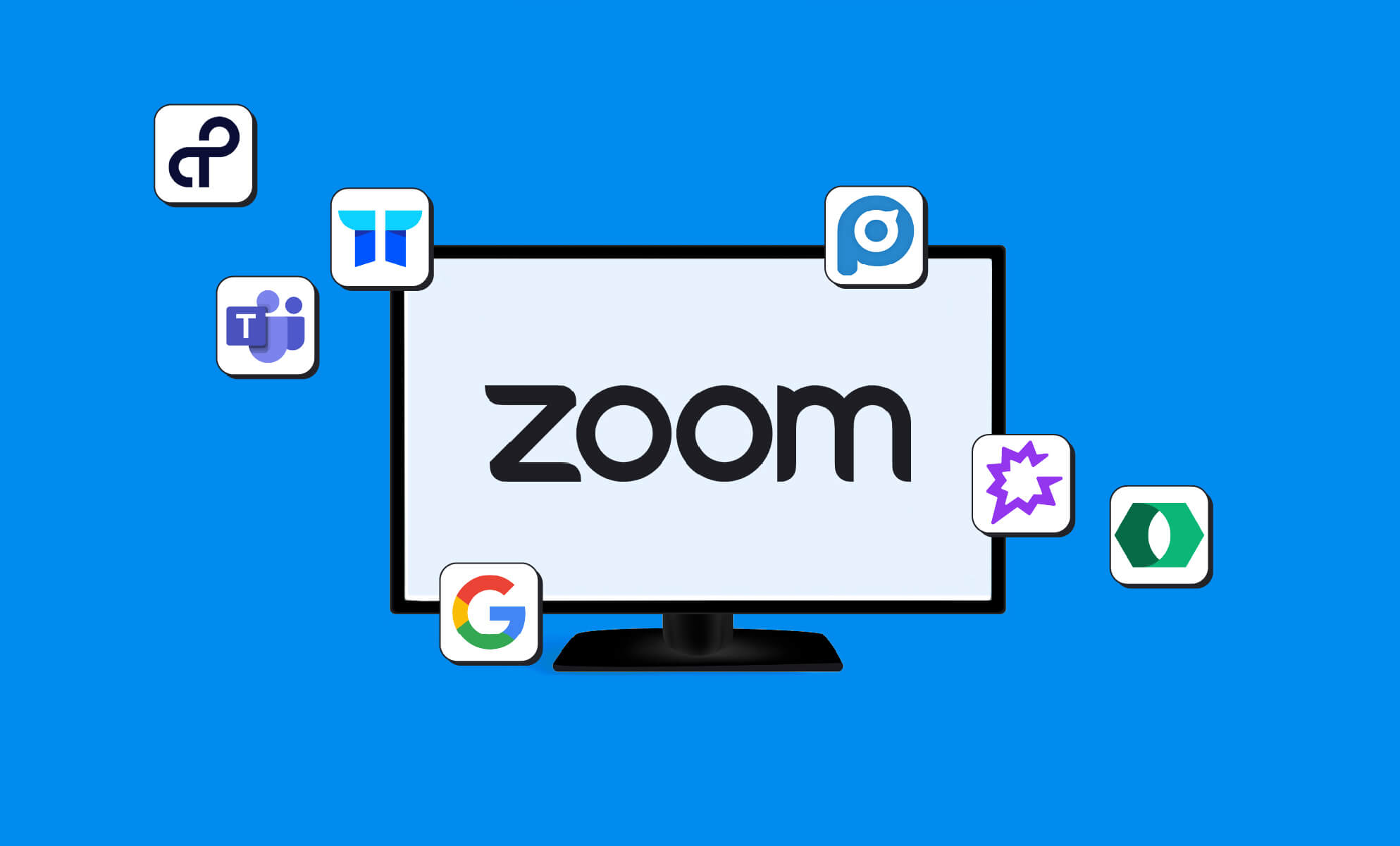 Illustrated Zoom logo on a monitor screen with mutliple integration logos, showing the need for Zoom training