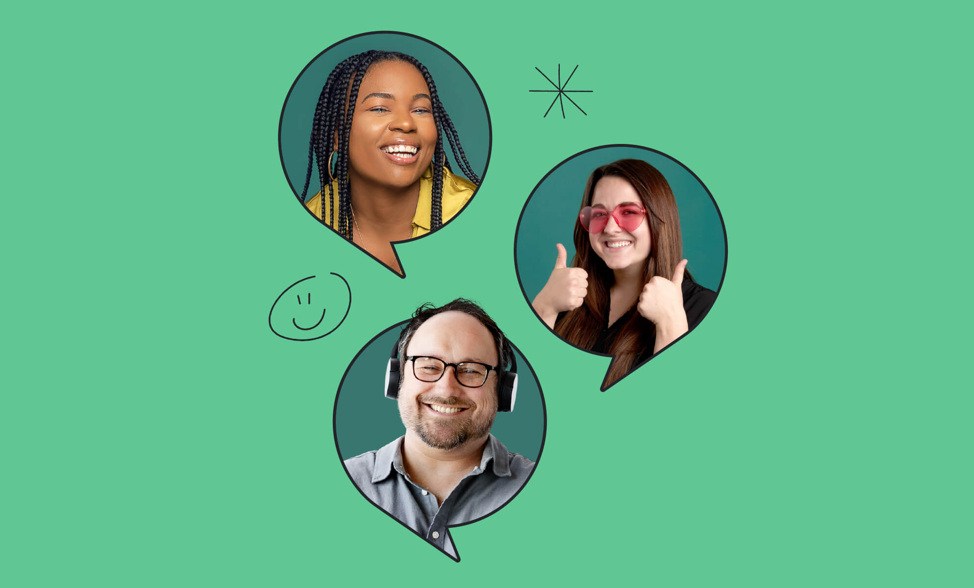 Speech bubbles containing images of smiling black woman, smiling girl with pink sunglasses, and smiling man wearing headphones