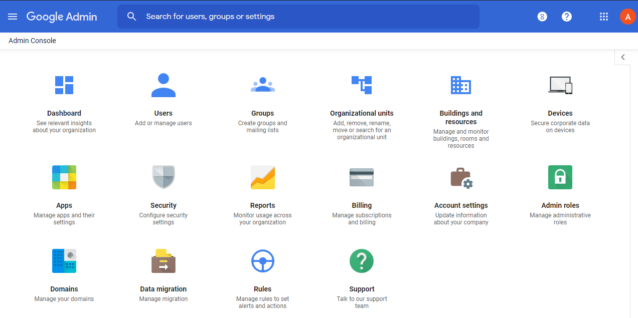Screenshot of the Google admin console, showing the various applications and tasks that can be performed. BrainStorm, Inc (9-15-2021)