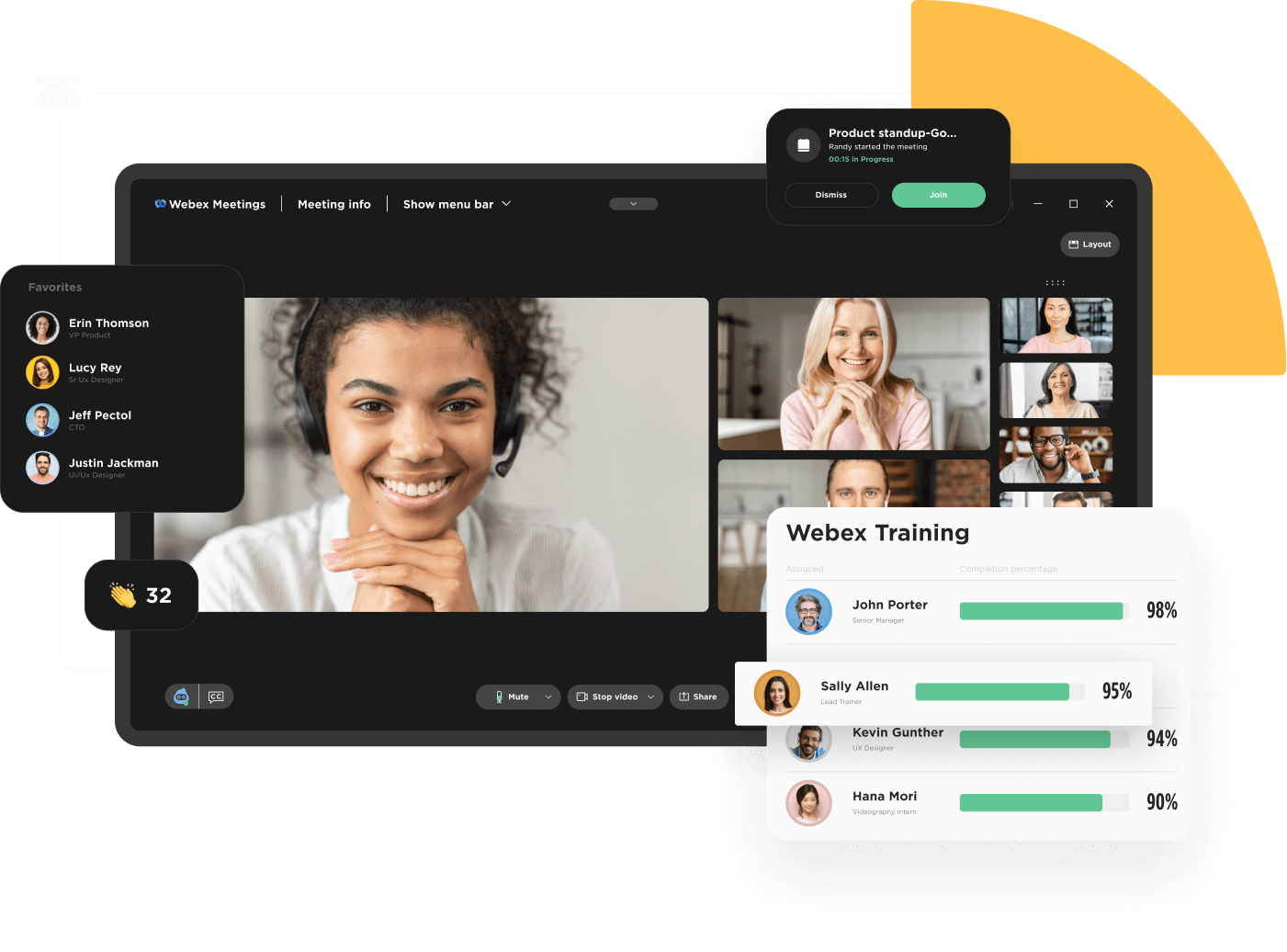 A smiling IT professional on a Webex call with other users. An event notification is open to one side and a menu displaying user Webex training progress.