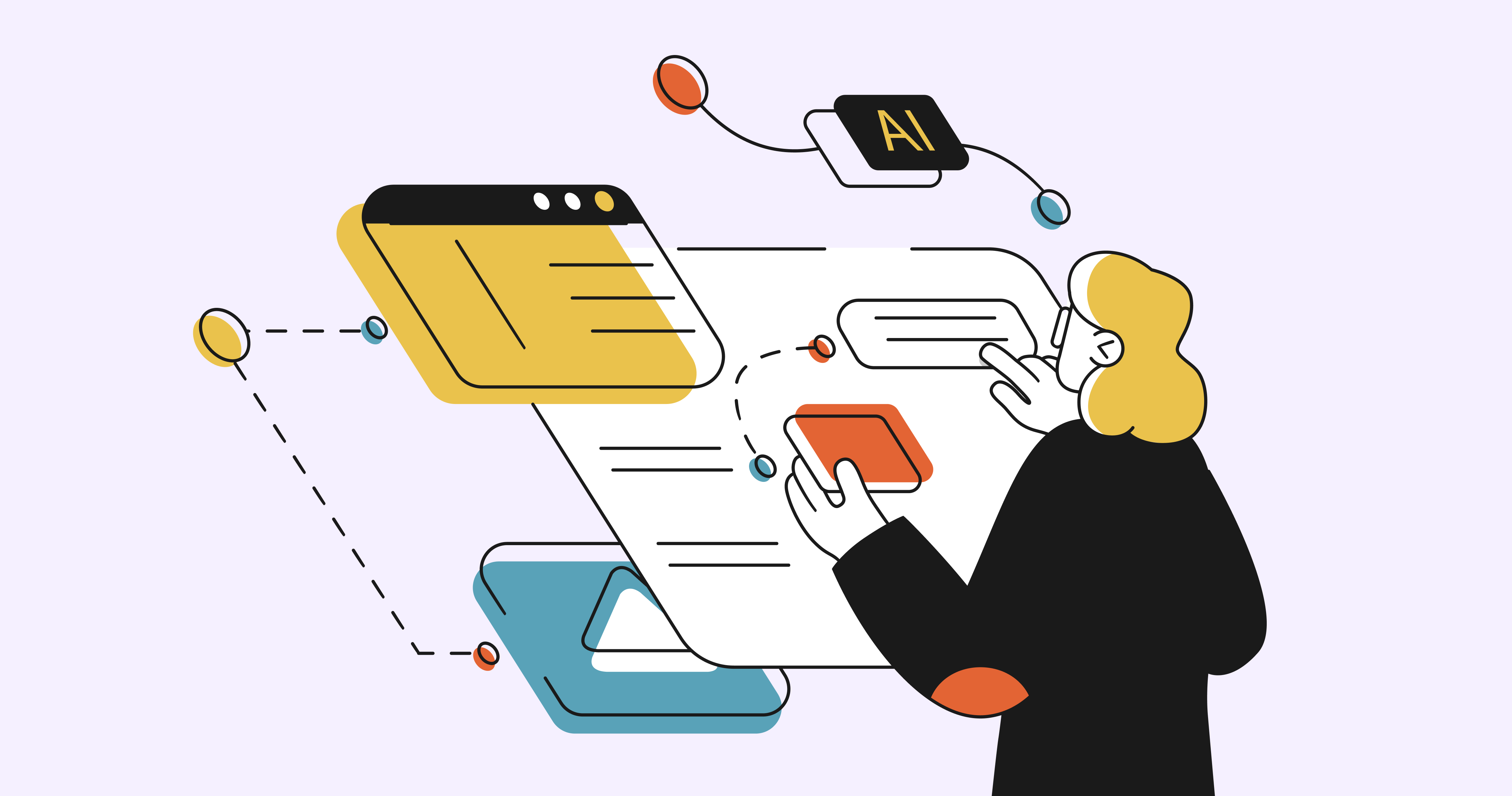 Simple illustration of a woman working on a floating workspace that has interactive elements and an artificial intelligence piece that is apart of the overall workflow. 