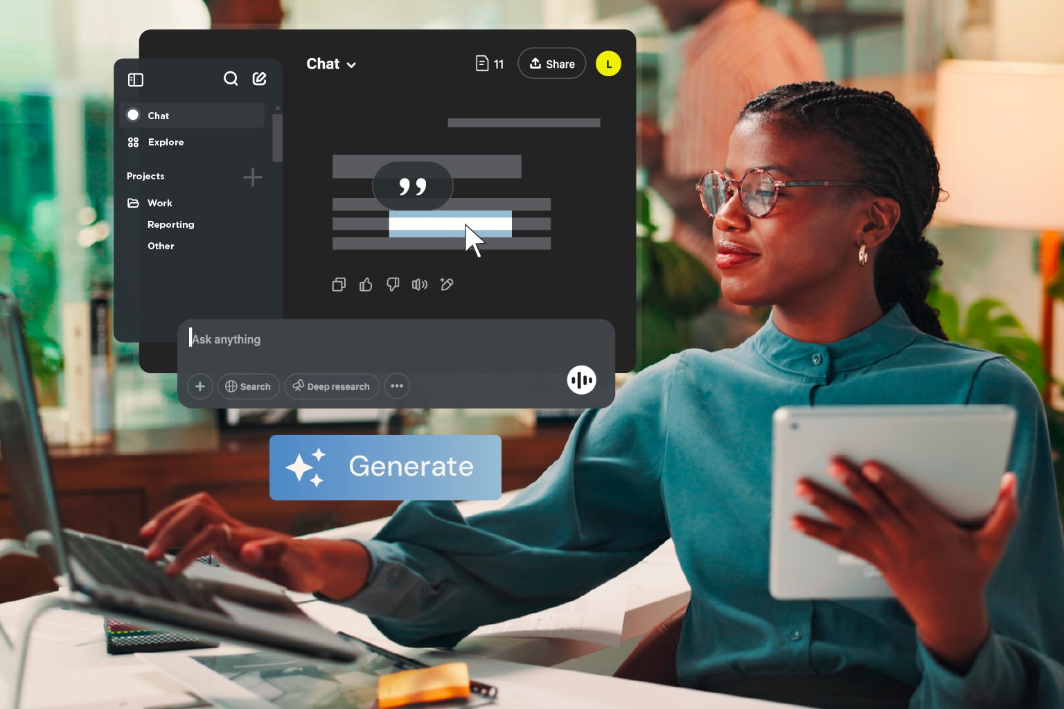 A woman confidently uses AI to do her work