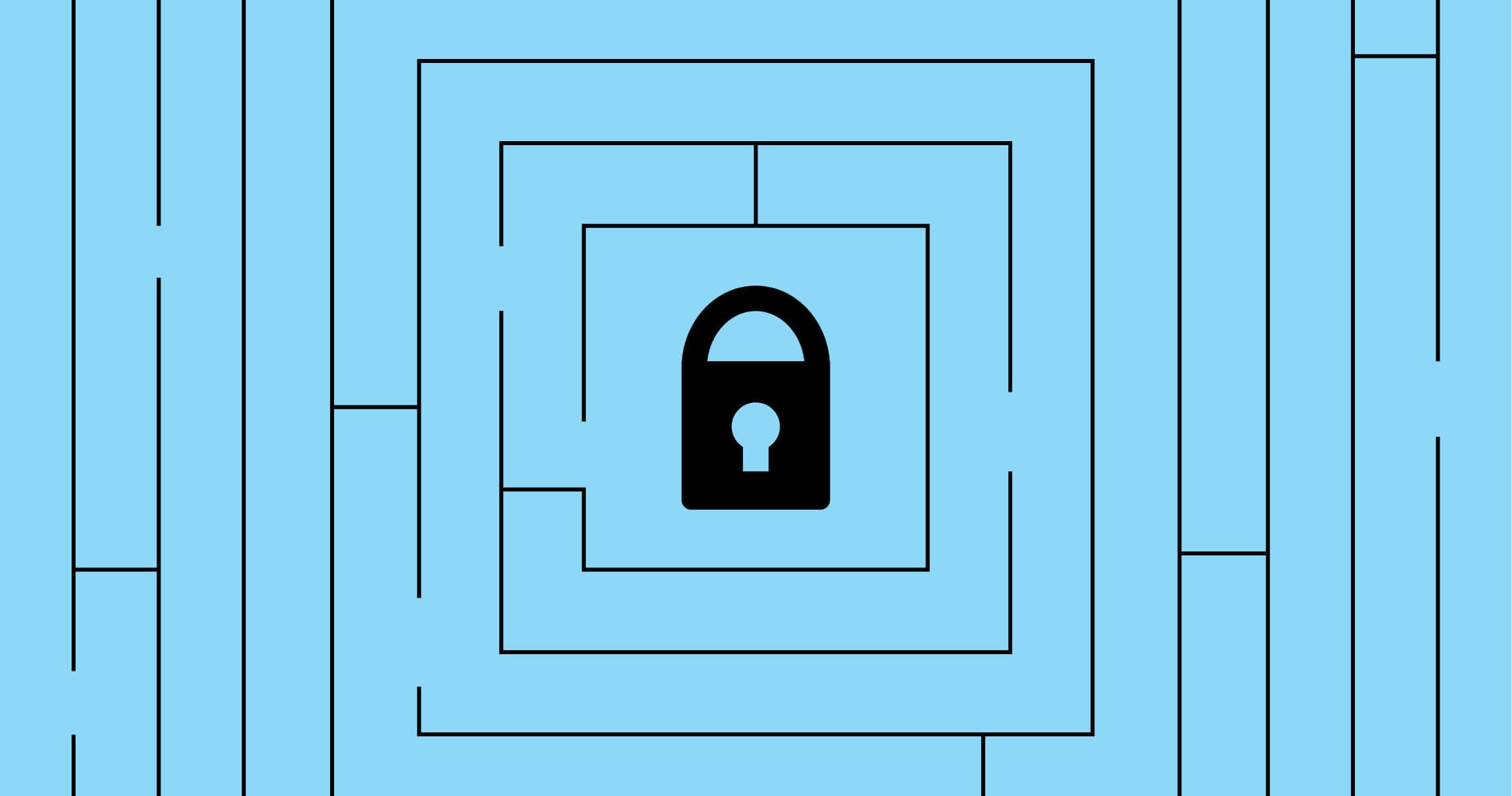 Blue background square showing a maze with a black lock at the center. By BrainStorm, Inc. (9-8-21) for 
