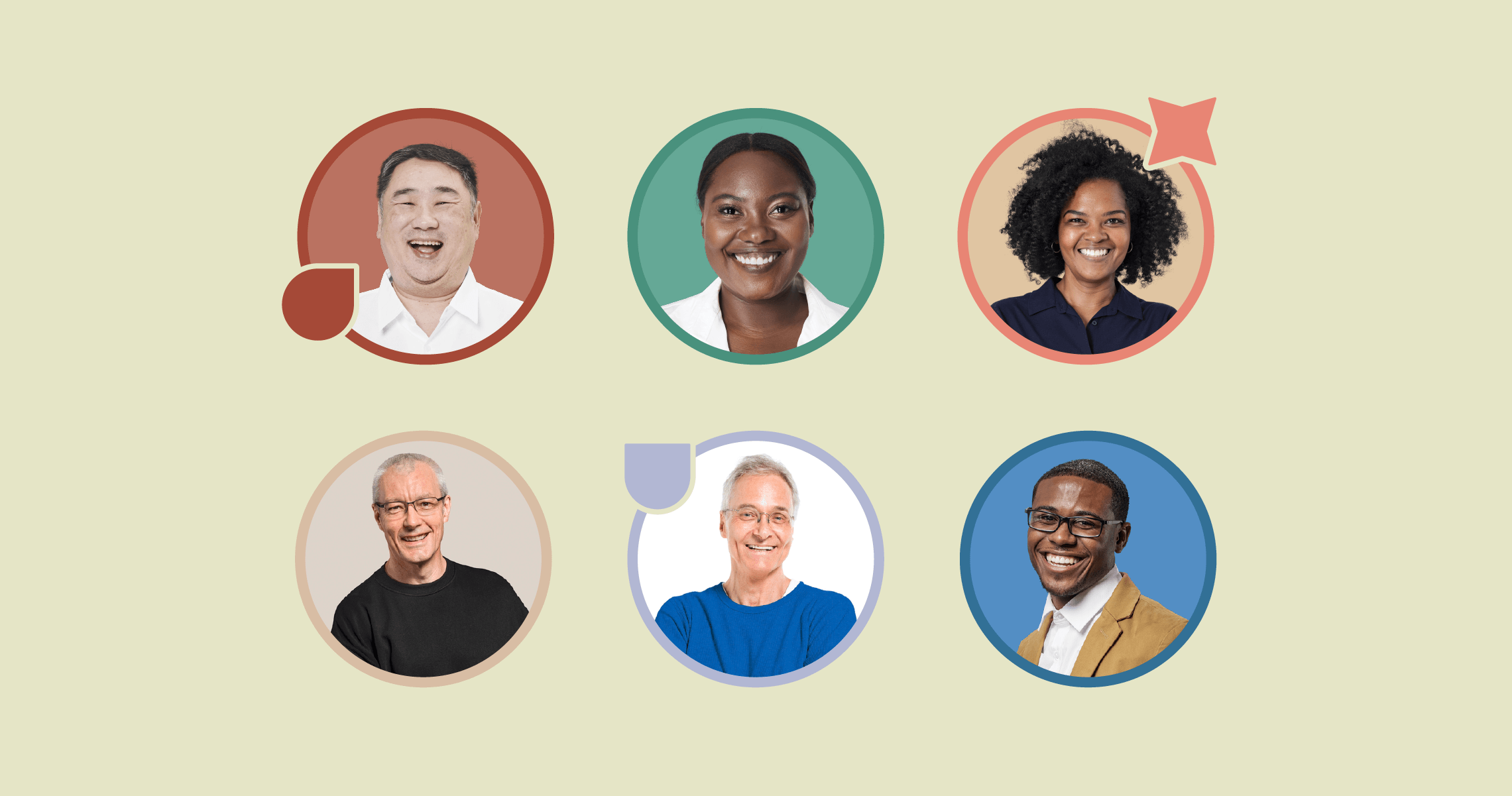 Colorful, circular photo portraits on a light yellow background, representing the 