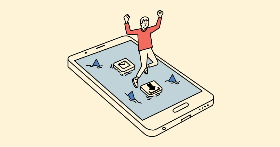 Illustration of young man being pulled into a giant mobile phone with email and arrow icons on it. BrainStorm, Inc. (Oct. 2021)