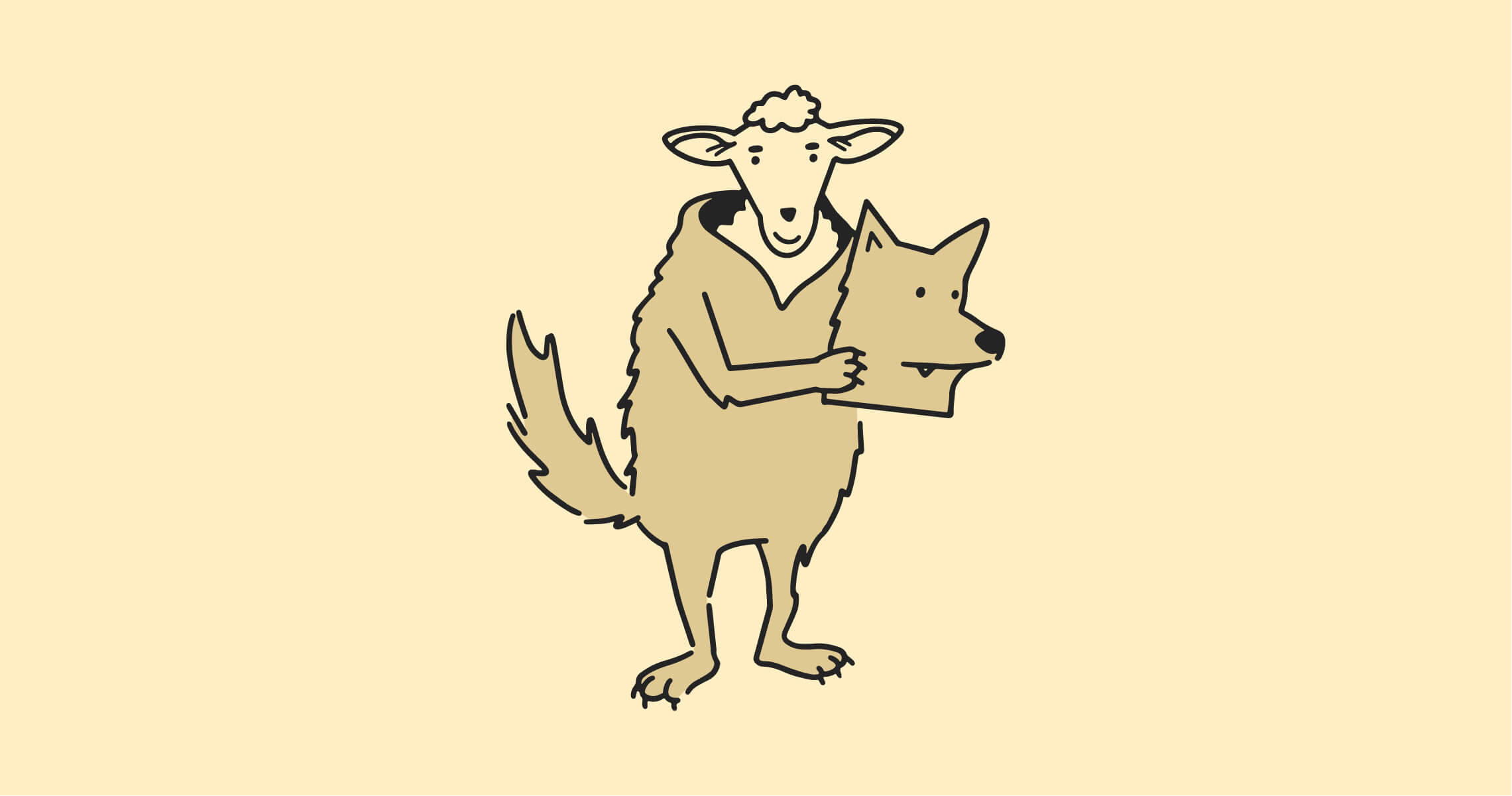 Illustration of light brown sheep in wolf's clothing on a light beige background (Whitney Matterfiis, for BrainStorm, Inc.) - 10-25.2021