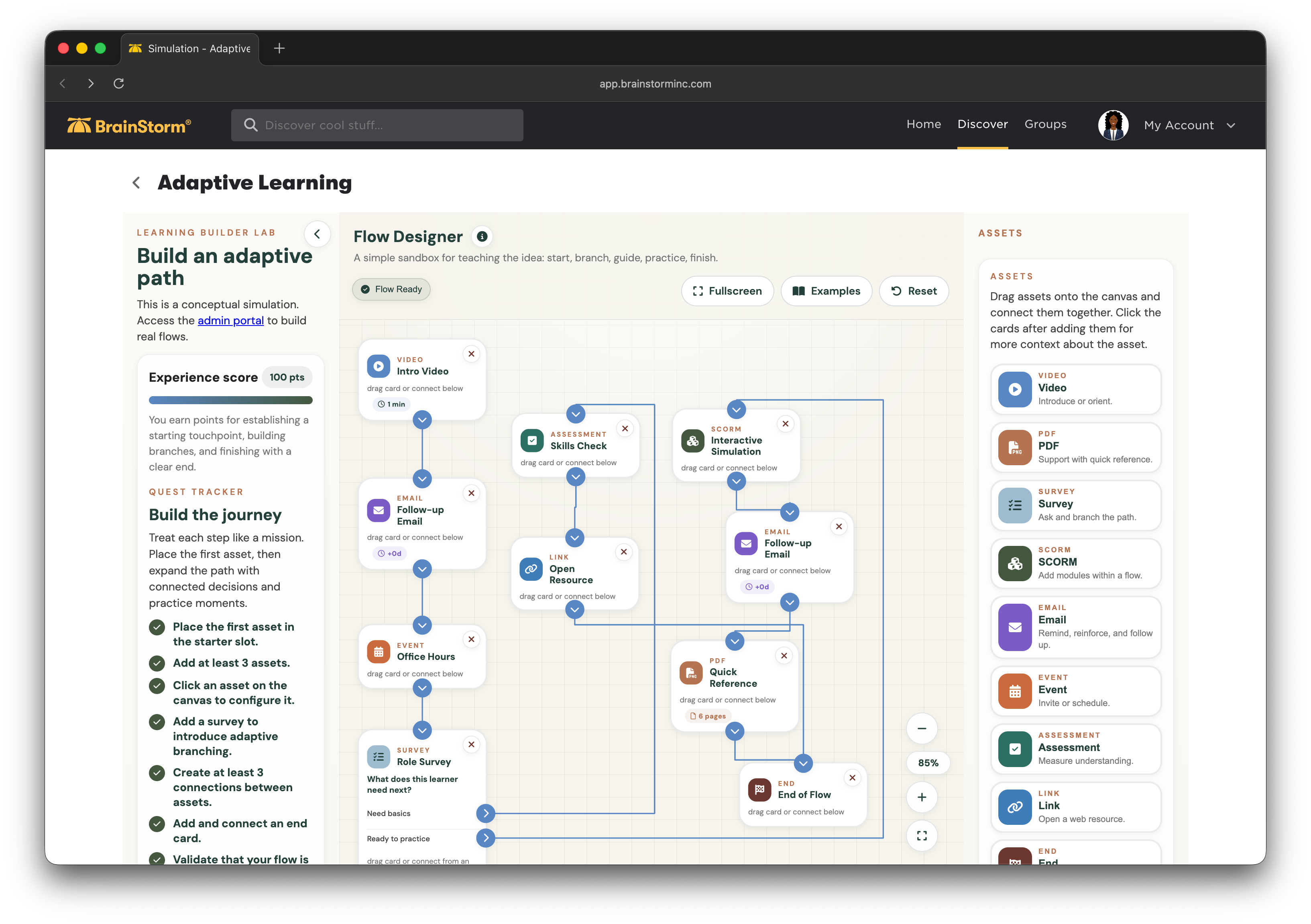 Screenshot of the BrainStorm Platform showing the Flow Builder tool with various assets and connections mapped to a users learning experience