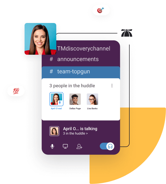 Showing a huddle on slack with the audio toggle on. Three user profiles displayed in the huddle.